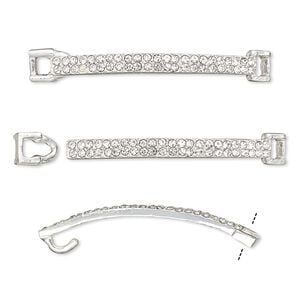 Clasp hook 1pkg2 silver-finished "pewter" (zinc alloy), 46x6mm curved rectangle / fits 3.5x2.5mm cord, clear rhinestone 1-strand
