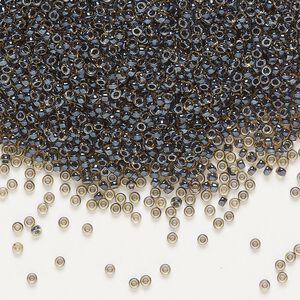 Seed bead, Miyuki, glass, pkg/250g, #15 rocaille, translucent black-lined luster topaz (RR-1840).