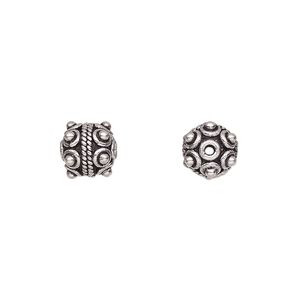 Bead 1pkg3 sterling silver, 8mm round / beaded / scroll, antiqued