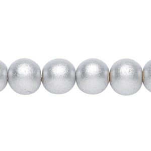 Bead 1pkg1, Taiwanese cheesewood (coated), painted metallic silver, 9-10mm round, 15-1/2 to 16 inches.