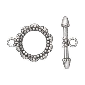 Clasp toggle 1pkg10 silver-plated "pewter" (zinc alloy), 20mm double-sided round, antique 1-strand