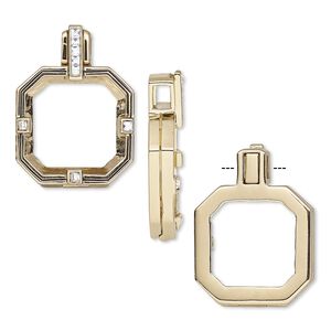 Pendant, Almost Instant Jewelry&reg;, gold-finished brass and rubber, crystal clear, 34x25.5mm single-sided hinged square with 23mm square setting. Sold individually.