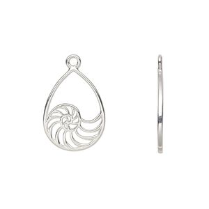 Charm Amoracast&reg; 1pkg1 sterling silver, 15x11mm 2-sided open nautilus shell teardrop