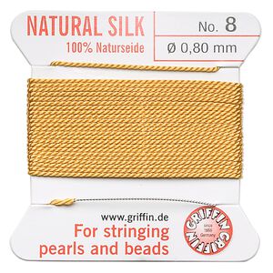 Thread, Griffin, silk, amber yellow, size #8. Sold per 2-meter card (approximately 78 inches).