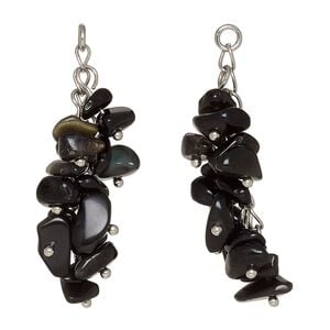 Black obsidian / carbon steel 1pkg2, silver-finished cluster natural 48x14mm / 5mm open jump ring
