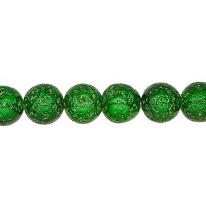 Lava rock 1pkg1, electrocoated round bead, emerald green 15.5-16 inch 7-8mm