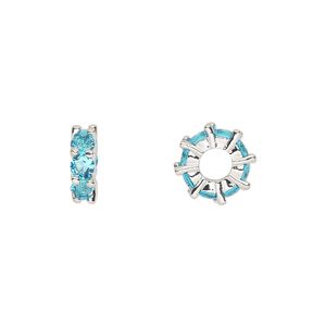 Bead 1pkg2 silver-plated, 10.5x3.5mm rondelle, brass / aqua cubic zirconia