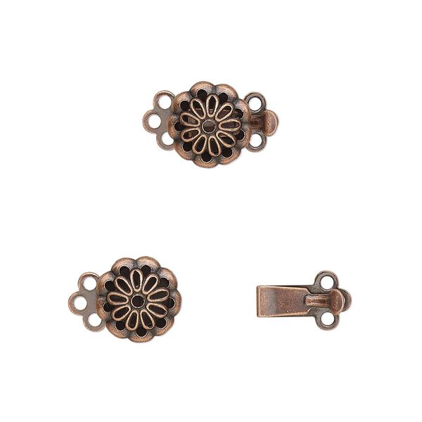 Clasp tab 1pkg10 copper-plated, 9mm flower, brass antique 3-strand image number 0