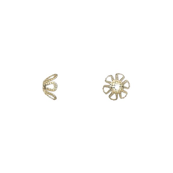 Bead cap, gold-plated brass, 7x4mm flower, fits 7-9mm bead. Sold per pkg of 500. image number 0