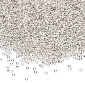 Seed bead, Miyuki, glass, pkg/35g, #15 rocaille, opaque silver-plated, (RR-961).