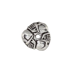Bead 1pkg1 silver-plated, 17x8mm triangle rondelle / skulls, white brass antique