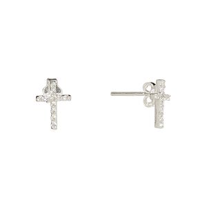 Earstud, Create Compliments&reg;, cubic zirconia and sterling silver, clear, 10.5x7.5mm cross. Sold per pair.