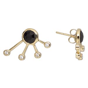 Earstud, Create Compliments&reg;, black onyx (dyed) / cubic zirconia / gold-finished sterling silver, clear, 25x15.5mm with faceted round. Sold per pair.