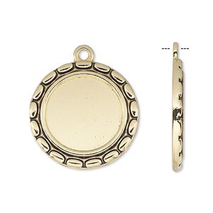Drop, antique gold-finished "pewter" (zinc-based alloy), 23mm round with oval edge and 16mm round setting. Sold per pkg of 6.