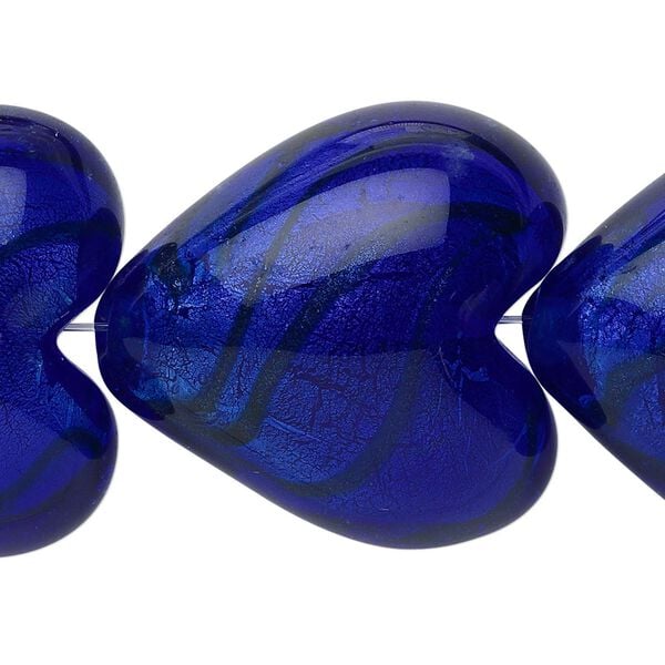 Bead, lampworked glass, cobalt and bronze with silver-colored foil, 28x28mm puffed heart. Sold per pkg of 4. image number 0