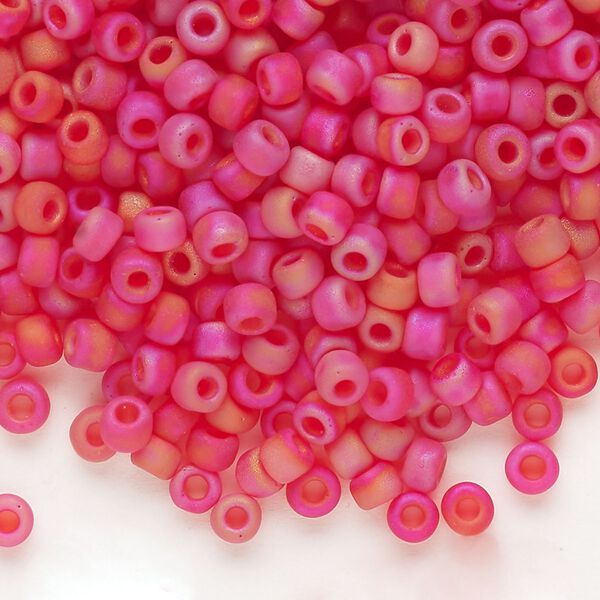 Seed bead, Dyna-Mites&trade;, glass, transparent frosted rainbow red, #6 round. Sold per 40-gram pkg. image number 0