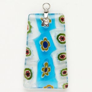 Focal 1pkg1 silver-finished steel and millefiori glass, translucent and transparent aqua blue and multicolored, 38x23mm-40x24mm puffed trapezoid.
