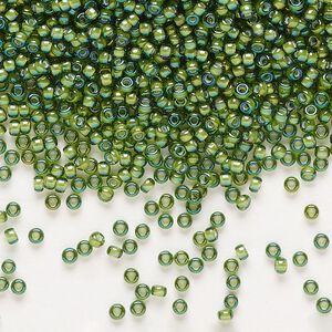 Seed bead, Miyuki, glass, pkg/250g, #11 rocaille, translucent white-lined luster light green, (RR-3764).