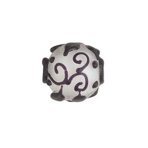 Bead, lampworked glass, opaque matte black and white with leaf and swirl design, 18mm round. Sold individually.