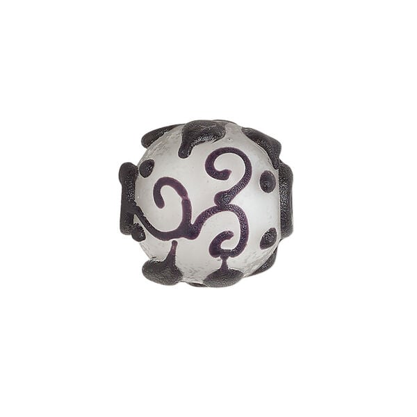 Bead, lampworked glass, opaque matte black and white with leaf and swirl design, 18mm round. Sold individually. image number 0