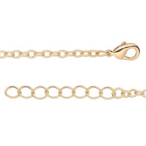 Chain, gold-finished brass, 2.5mm cable, 24 inches with 1-1/4 inch extender chain and lobster claw clasp. Sold per pkg of 2.