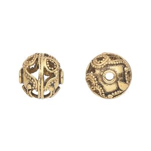 Bead 1pkg1 gold-finished, 14mm beaded filigree round, brass antique
