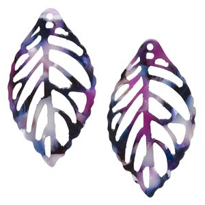 Focal, resin, purple / dark purple / white, 39x22mm leaf with cutouts. Sold per pkg of 4.