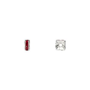 Bead 1pkg10 silver-plated, 4x2mm squaredelle, brass / garnet red rhinestone