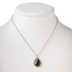 Necklace, acrylic / glass rhinestone / gold-finished steel / "pewter" (zinc-based alloy), smoky grey and clear, 25x19mm teardrop, 18 inches with 2-inch extender chain and lobster claw clasp. Sold individually.
