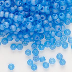 Seed bead, glass, pkg/50g, #6 round, translucent rainbow matte light blue.