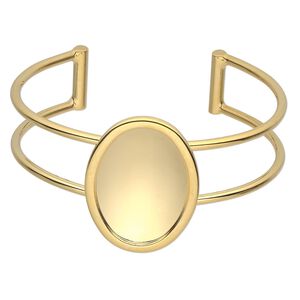 Bracelet, Almost Instant Jewelry&reg;, cuff, gold-plated brass and "pewter" (zinc-based alloy), 65x35mm with 30x22mm oval setting, adjustable. Sold individually.