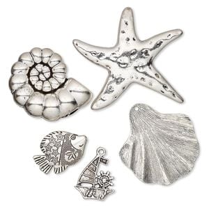 Bead & charm mix 1pkg5 silver-plated "pewter", 24x22mm-59x55mm sea life / single-sided / 2sided, antique