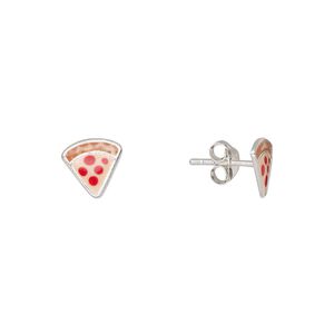Earstud, Create Compliments&reg;, sterling silver and enamel, brown / red / orange, 8mm pizza slice. Sold per pair.