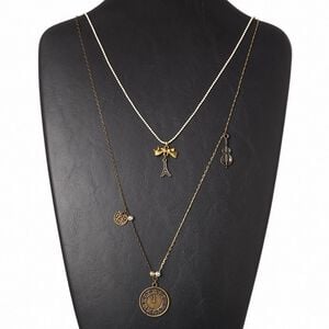 Necklace, 2-strand, brass / silver- / gold- / antiqued brass-finished "pewter" (zinc-based alloy) /antiqued brass-finished steel, white, 26mm clock, 24 inches with 2-inch extender chain and lobster claw clasp. Sold individually.
