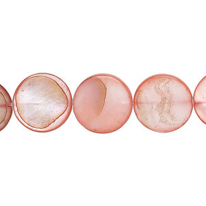 Mother-of-pearl shell 1pkg1, puffed flat round bead 15 inch dark salmon 12-13mm