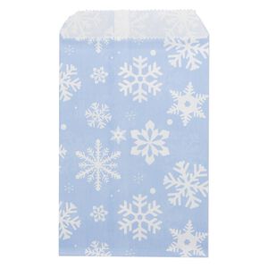 Bag, paper 1pkg100, white and blue, 6x4 inches with snowflake design and scalloped top edge.