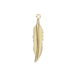 Charm, gold-plated brass, stamped, 25x6mm single-sided feather. Sold per pkg of 100.