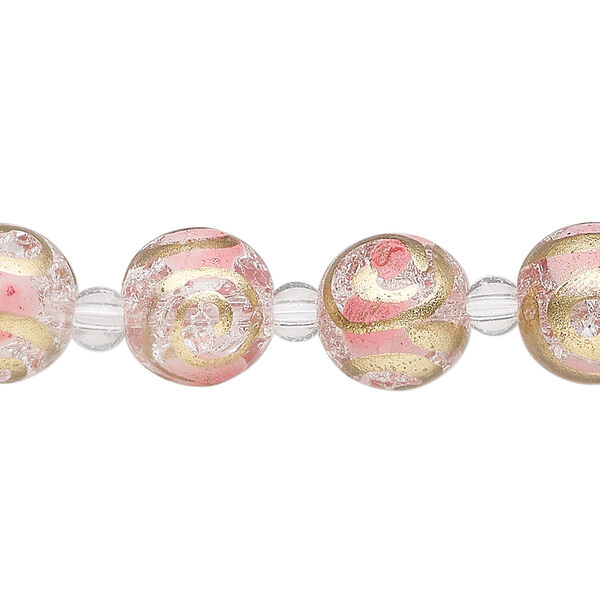 Bead, glass 1pkg8, transparent pink and gold, 12mm round with crackle finish and hand-painted spiral. image number 0