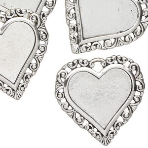Charm, antique silver-finished "pewter" (zinc-based alloy), 28x24mm fancy heart, 19x17mm mount size. Sold per pkg of 6.