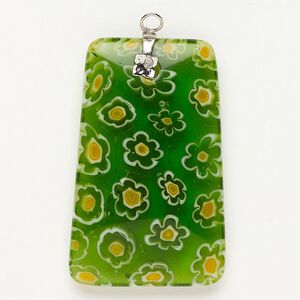 Focal 1pkg1 silver-finished steel and millefiori glass, translucent and transparent green / yellow / white, 42x26mm-44x28mm puffed trapezoid.