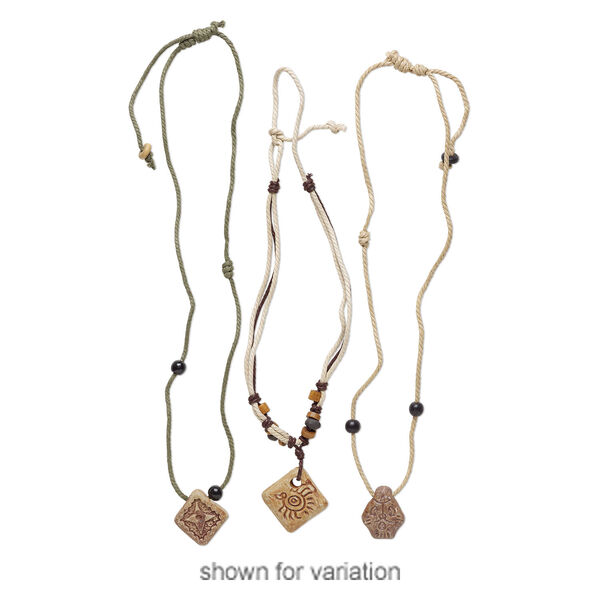 Necklace mix, ceramic / wood / cotton (dyed), multicolored, 12x12mm-60x34mm multi-shape, adjustable from 16-28 inches with macram&eacute; knot. Sold per pkg of 3. image number 2
