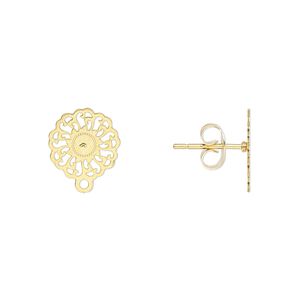 Earstud Lazer Lace&trade; 1pkg8, 11mm flower / closed loop / cutout design / earnuts, gold-finished stainless steel 4 pair