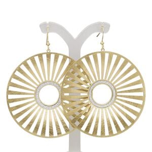 Earring, gold-finished brass, silver with glitter, 3 inches with scratched round donut and cutout design with fishhook ear wire. Sold per pair.