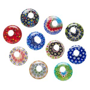 Component, millefiori glass, translucent multicolored, 18/21mm undrilled go-go with flower design. Sold per pkg of 10.