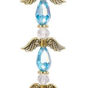 Bead 1pkg4 gold-finished "pewter", 23mm angel, medium blue & clear AB / antique