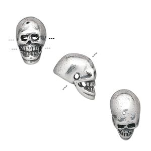 Bead 1pkg1 sterling silver, 13x7.5mm skull, antiqued