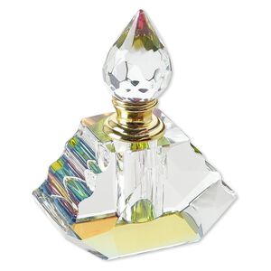 Perfume bottle, glass and gold-finished "pewter" (zinc-based alloy), clear vitrail, 4 x 3-1/4 x 2 inches with dauber and threaded stopper. Sold individually.
