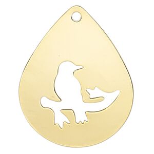 Focal, gold-finished steel, 32x25mm two-sided domed teardrop with cutout bird on a branch. Sold per pkg of 2.