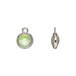 Drop, Opalized Ice&trade;, "opal" (resin) and imitation rhodium-finished brass, opaque white, 9.5mm double-sided round. Sold per pkg of 6.