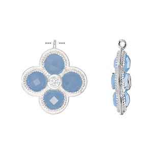 Drop, chalcedony (dyed) / cubic zirconia / sterling silver, clear and blue, 19mm double-sided faceted flower. Sold individually.